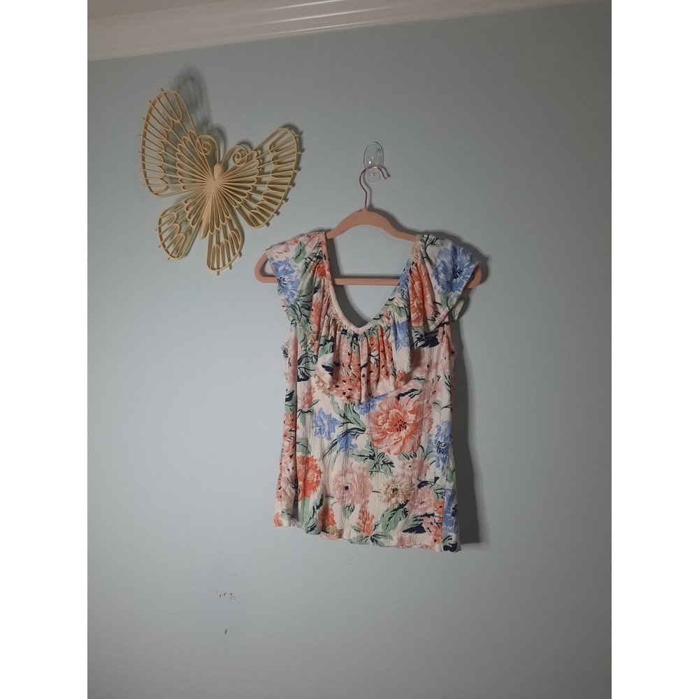 Loft Floral Ruffle Neck Top Multi Color Cotton Modal Blouse Small